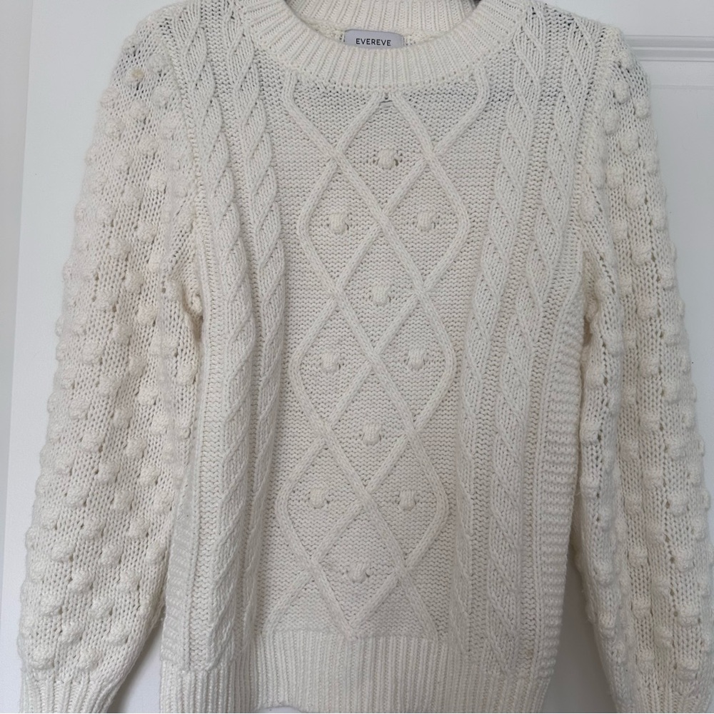 Evereve (XS) Creamy White Cable Knit Crewneck Pullover Sweater- Ribbed Detailing - Picture 2 of 7